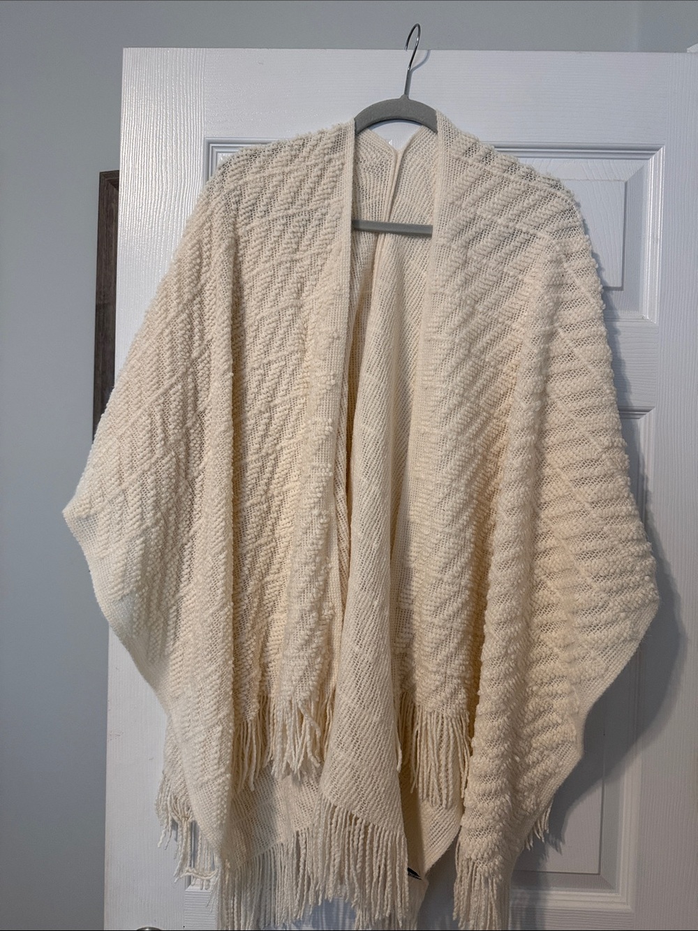 Women's Cream Open-Front Fringe Knit Sweater Poncho